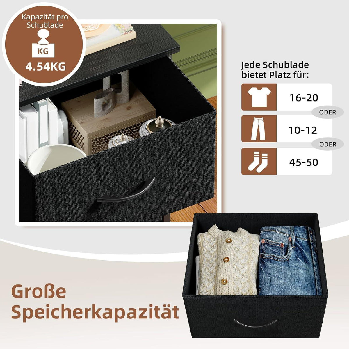 Somdot Kommode mit 4 Stoffschubladen, Schwarz