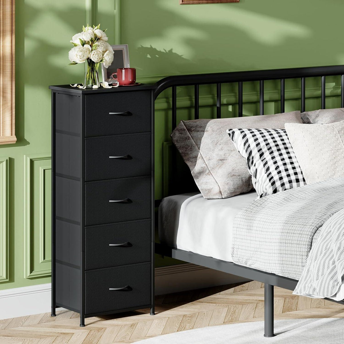 Somdot Kommode mit 5 Stoffschubladen – Schwarz, 114,5 cm hoch