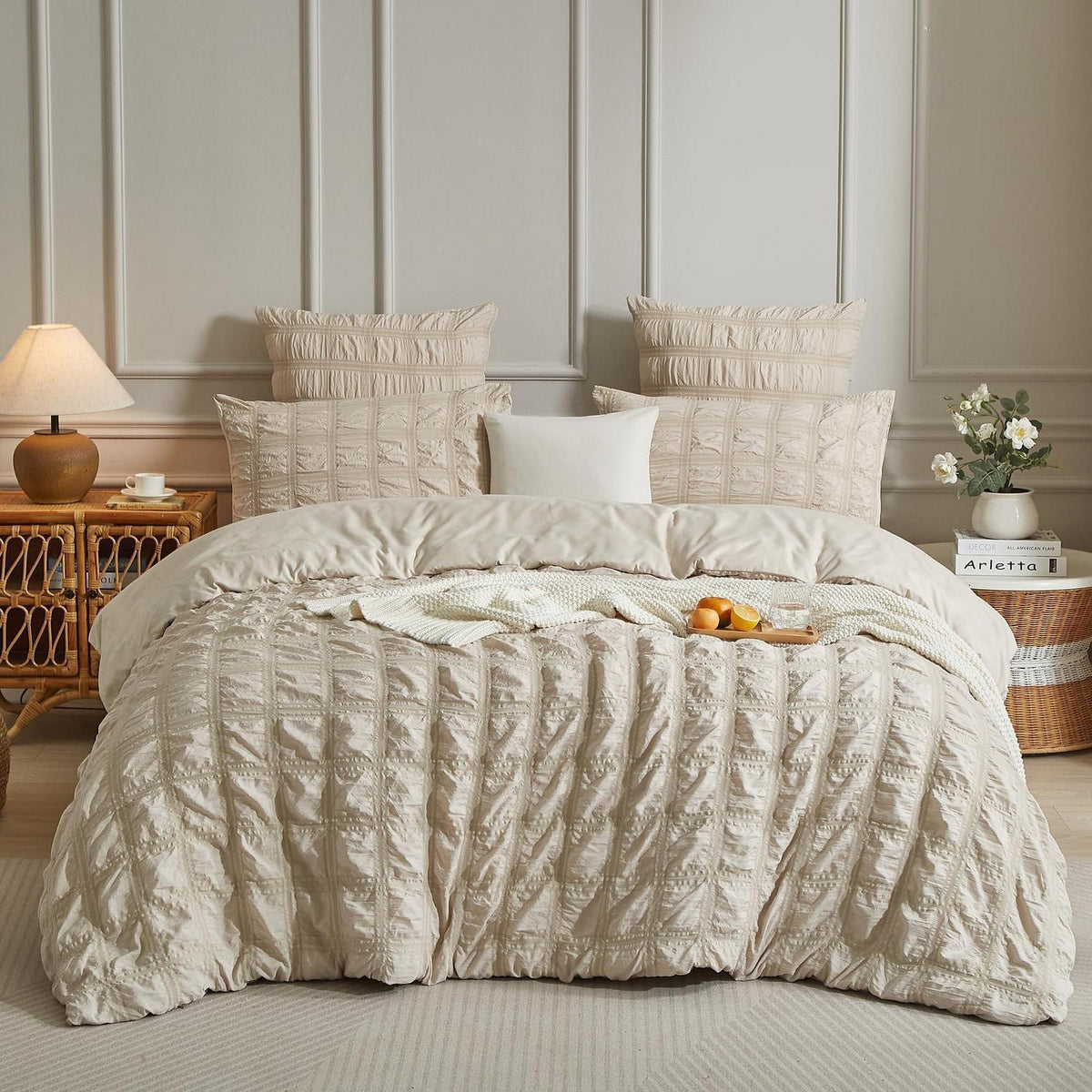 Seersucker Bettwäsche Set 220x240 cm Beige – Kühlend & Atmungsaktiv