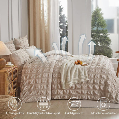 Seersucker Bettwäsche Set 220x240 cm Beige – Kühlend & Atmungsaktiv