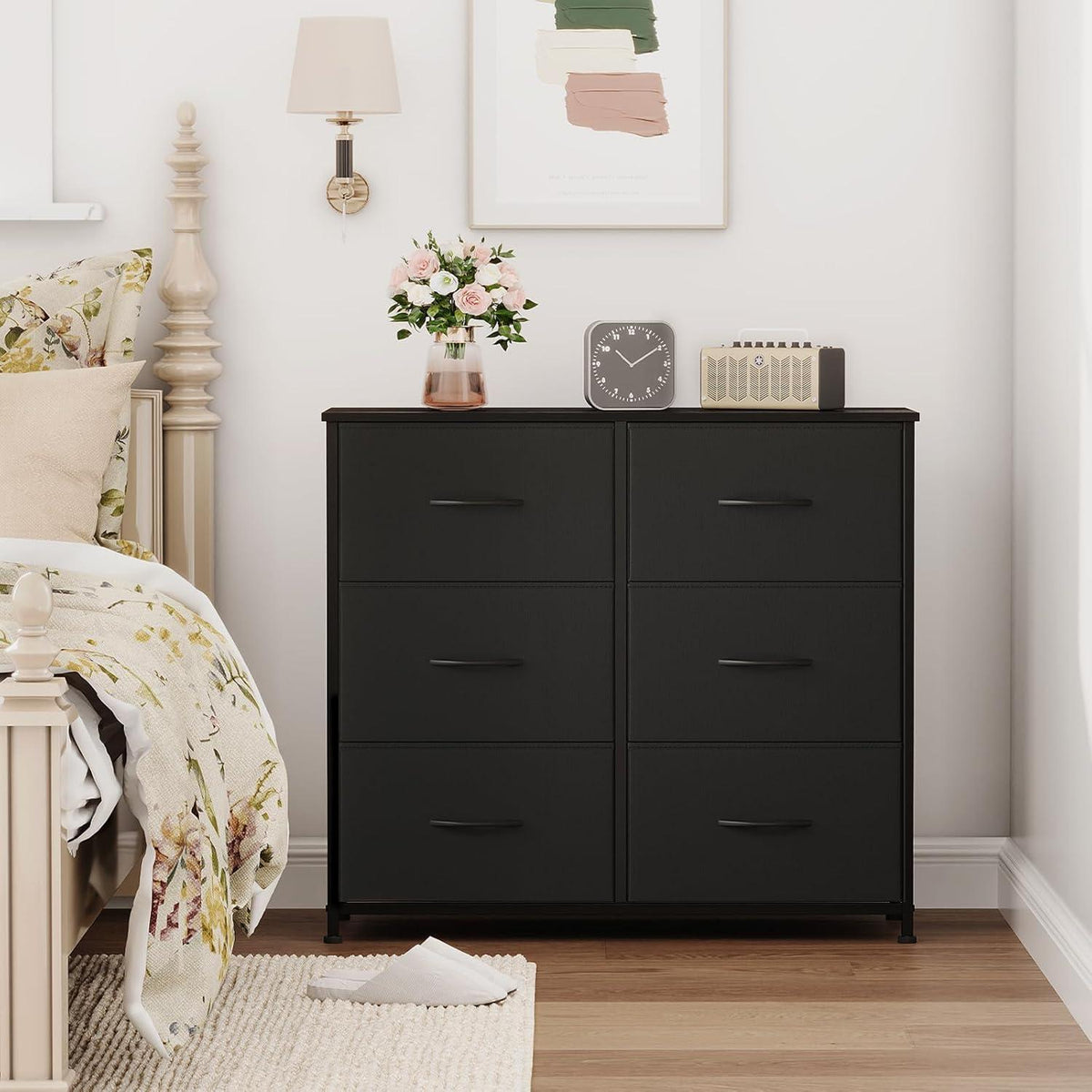 Kommode mit 6 Stoffschubladen – Schwarz, 30x80x71,5 cm