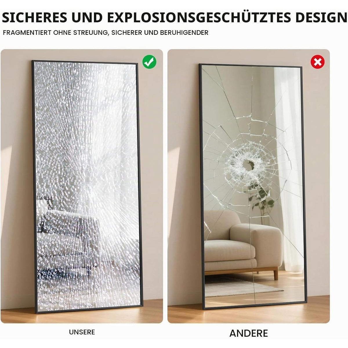 Großer Ganzkörperspiegel 180x76cm Schwarz – Stand- & Wandspiegel