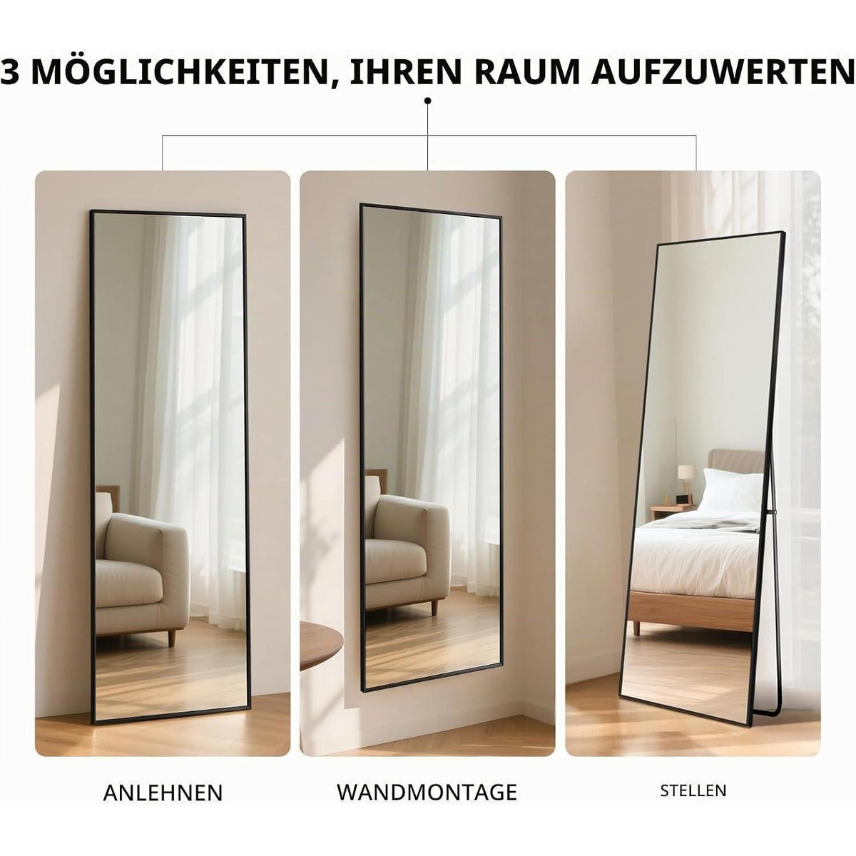 Ganzkörperspiegel 140x40cm Schwarz – Stehend, Hängend, Anlehnen