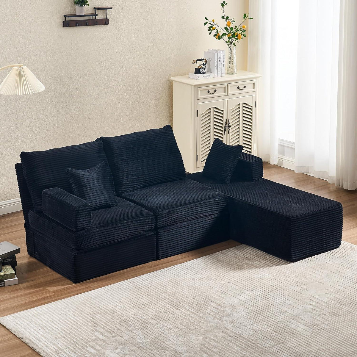 Verwandlungssofa mit Fußhocker – Ecksofa, Doppelsofa, Schwarz
