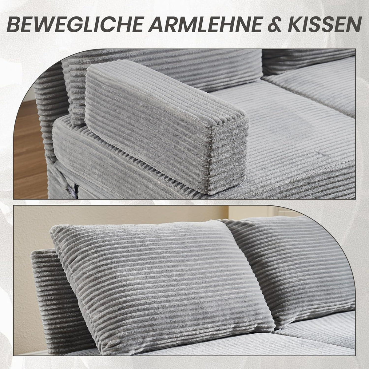 Deformierbares Ecksofa mit Fußhocker, Hellgrau