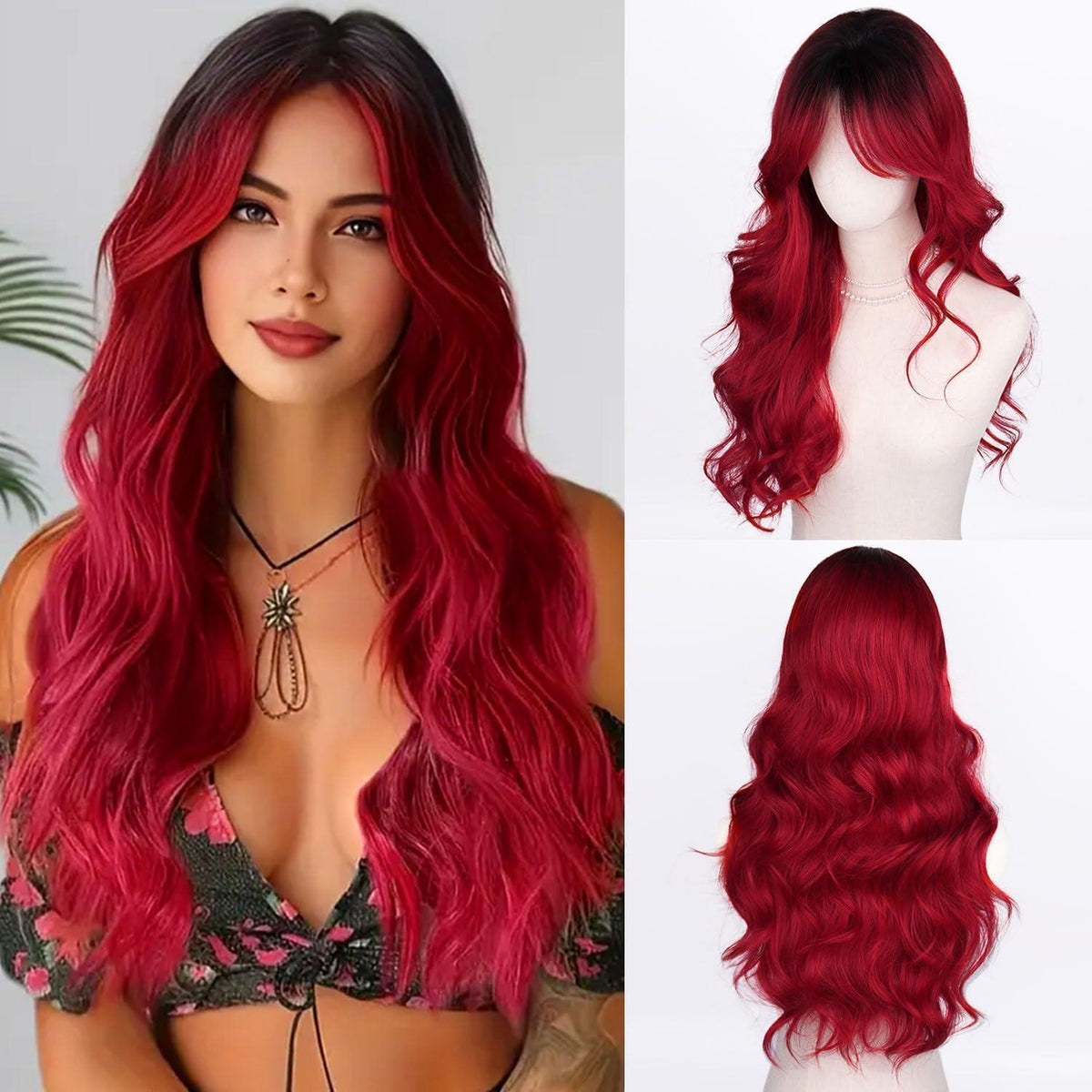 Lange Schwarz-Rote Ombre Locken Perücke – Natürliches Aussehen