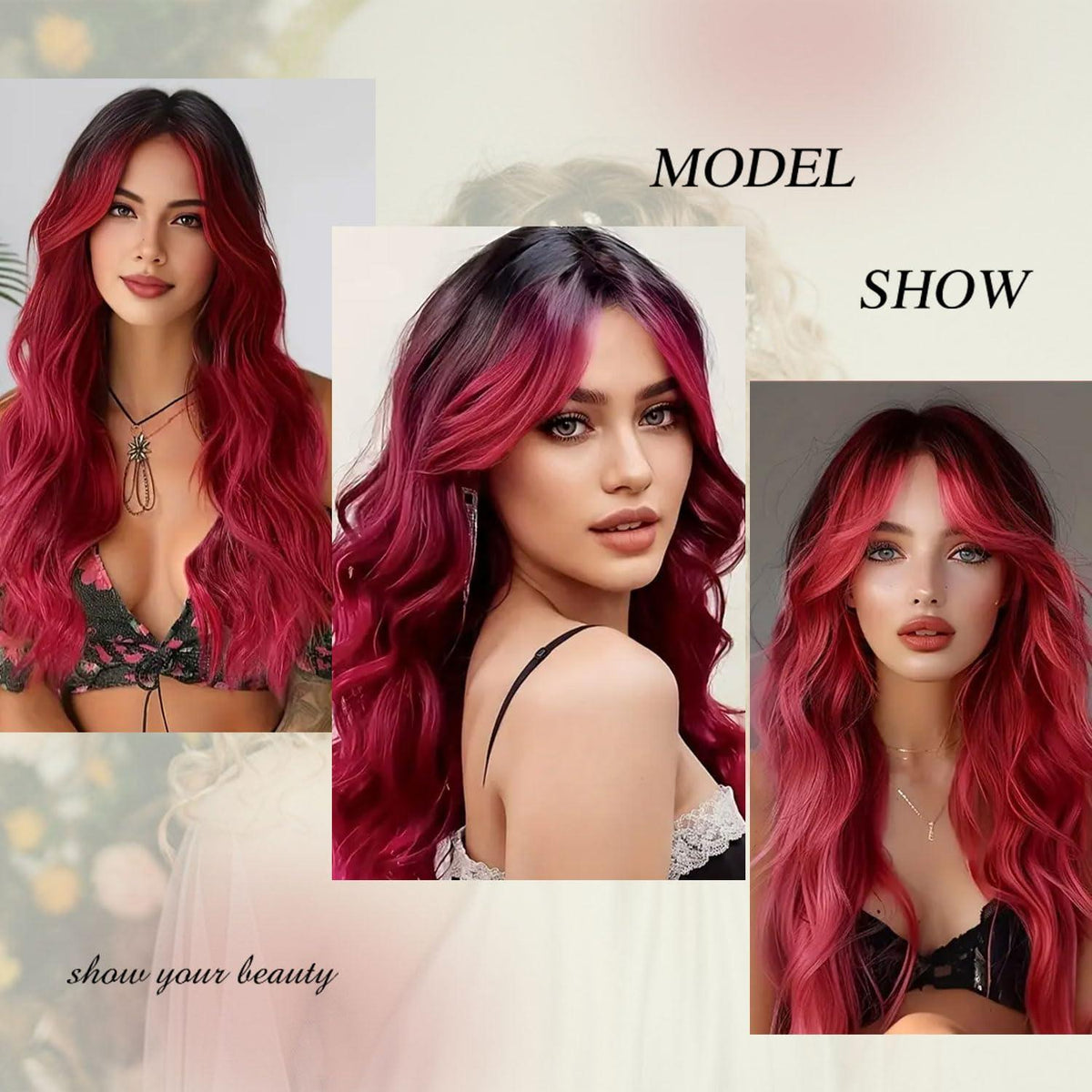 Lange Schwarz-Rote Ombre Locken Perücke – Natürliches Aussehen