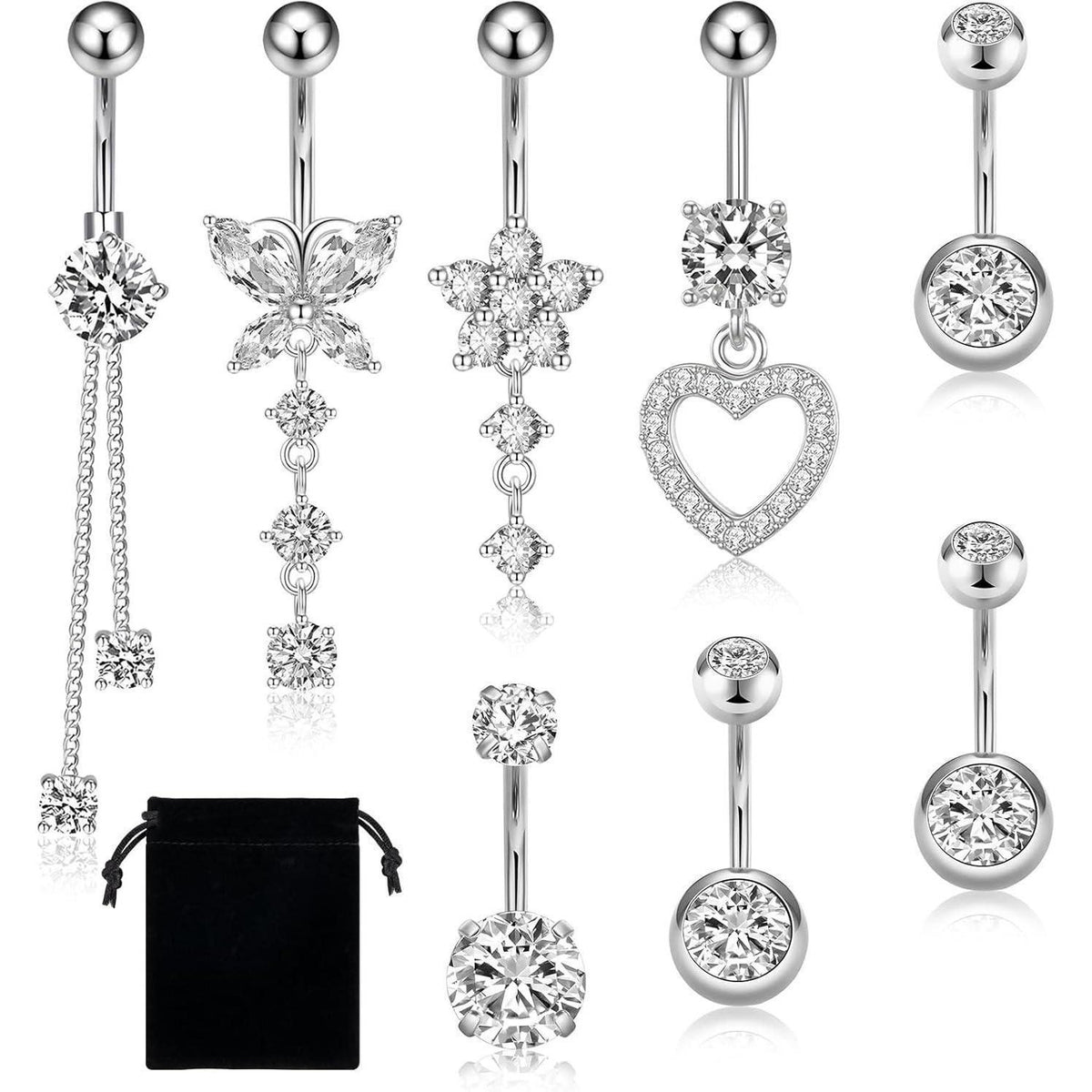 8er-Set Bauchnabelpiercing Edelstahl Zirkonia mit Anhängern 14G