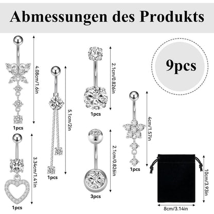8er-Set Bauchnabelpiercing Edelstahl Zirkonia mit Anhängern 14G