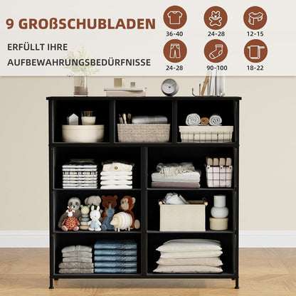 Kommode mit 9 Stoffschubladen – Schwarz, 100x30x99 cm