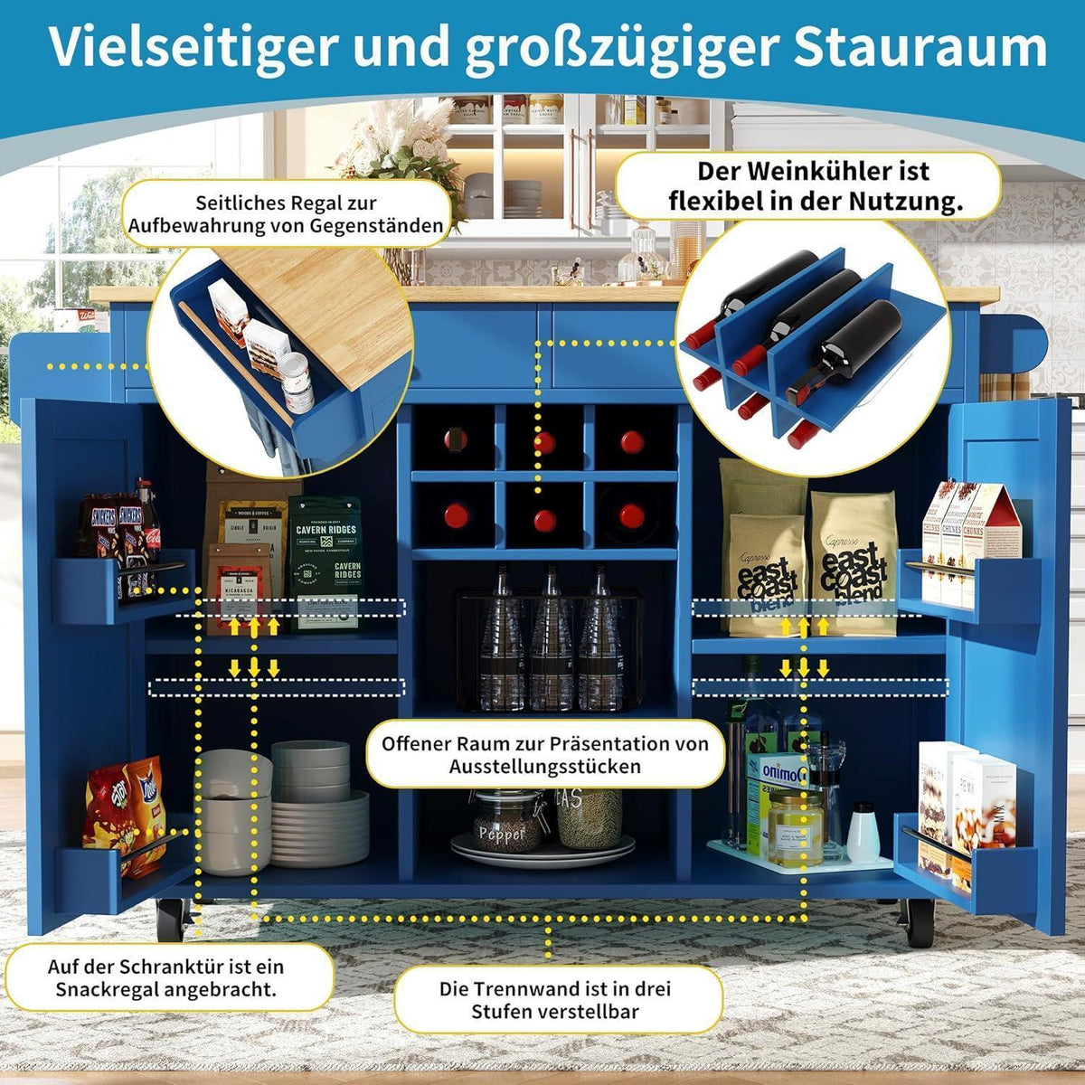 Kücheninsel blau mit Stauraum & Rollen – 102x45x92cm