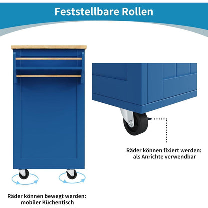 Kücheninsel blau mit Stauraum & Rollen – 102x45x92cm