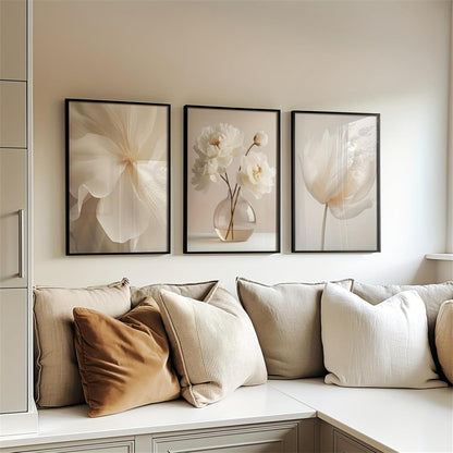 3er Set Boho Bilder Wanddeko Beige Blumen Poster Wohnzimmer