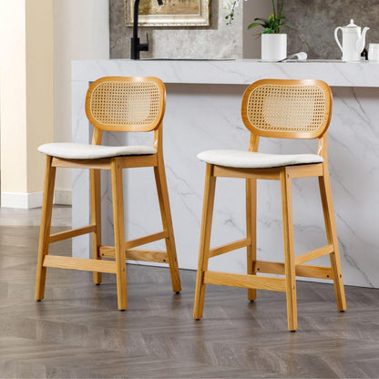 Barhocker Set 2er – Holz mit Rattan Rücklehne in Lederoptik