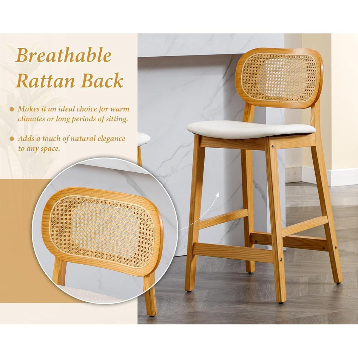 Barhocker Set 2er – Holz mit Rattan Rücklehne in Lederoptik
