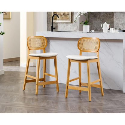 Barhocker Set 2er – Holz mit Rattan Rücklehne in Lederoptik