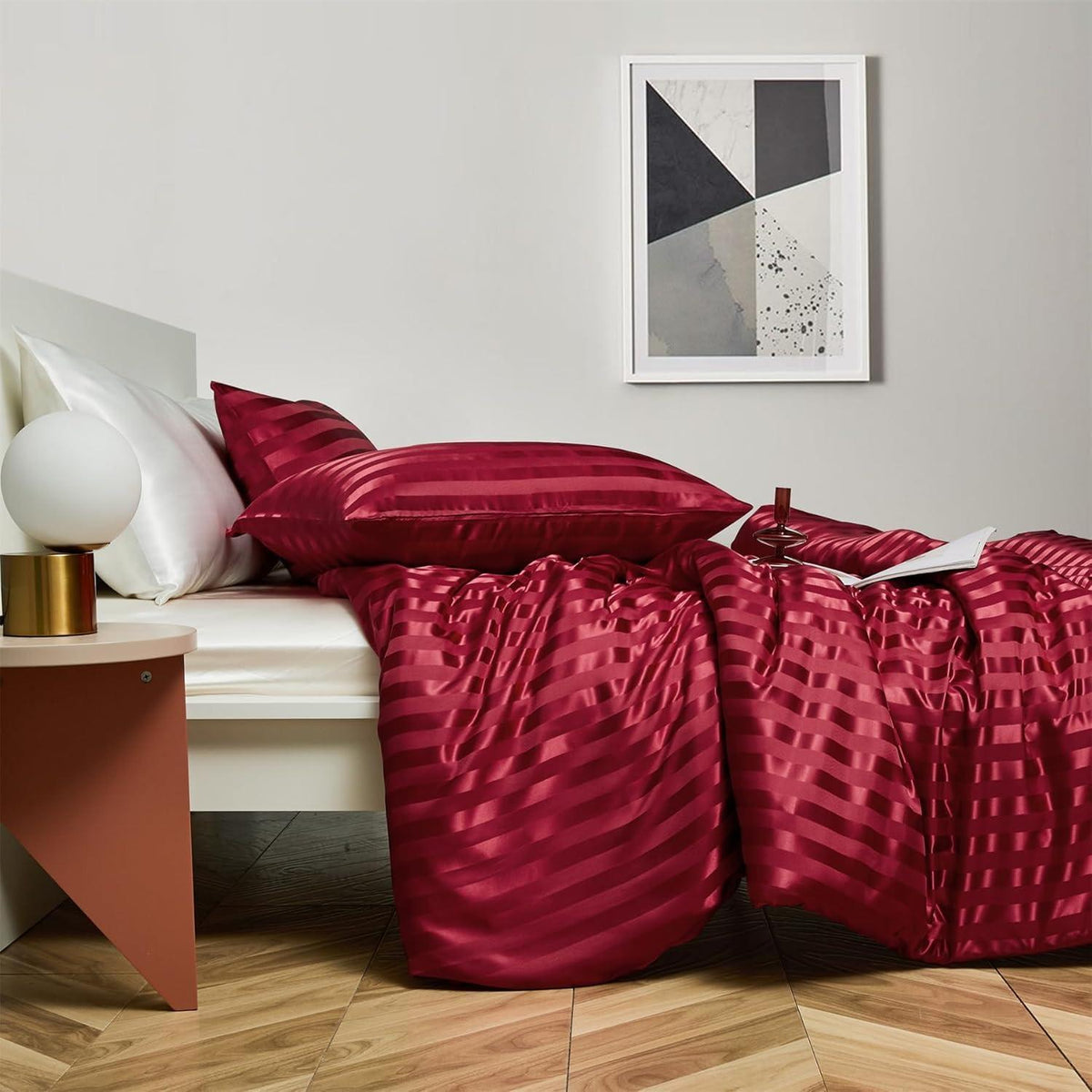 Satin Bettwäsche Set 135x200cm, 4-teilig, Rot gestreift