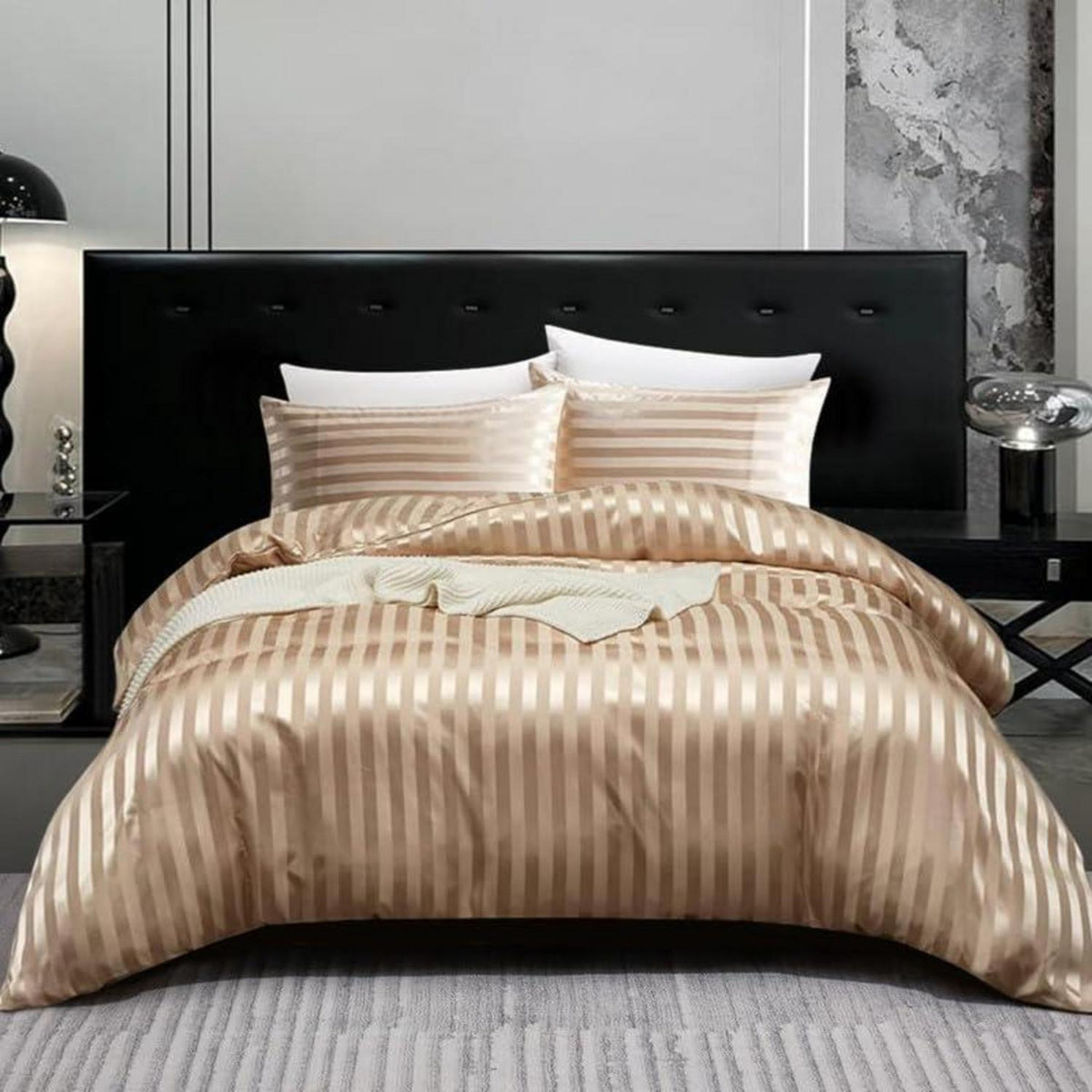Satin Bettwäsche Set 135x200cm, 4-teilig, Gestreift Gold