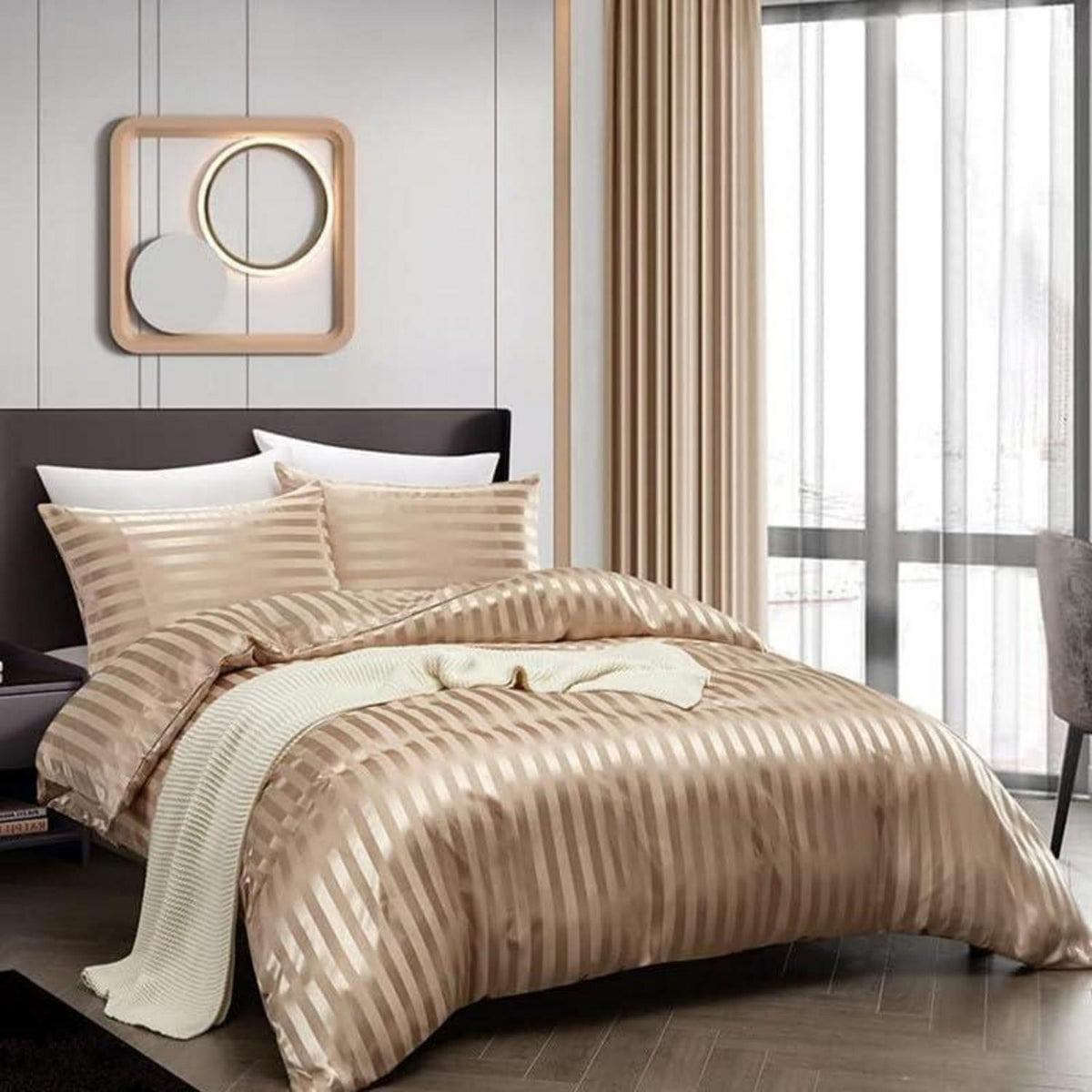 Satin Bettwäsche Set 135x200cm, 4-teilig, Gestreift Gold