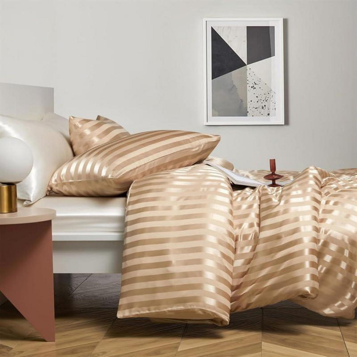 Satin Bettwäsche Set 135x200cm, 4-teilig, Gestreift Gold