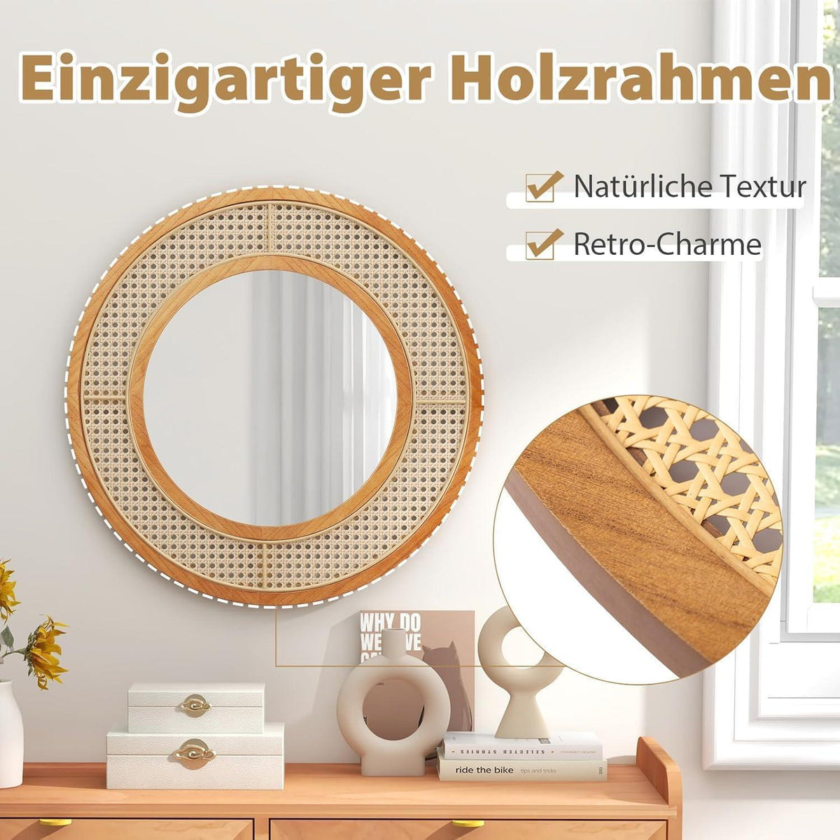 Rattan Wandspiegel Boho Deko Spiegel 40x40cm Badezimmer Spiegel