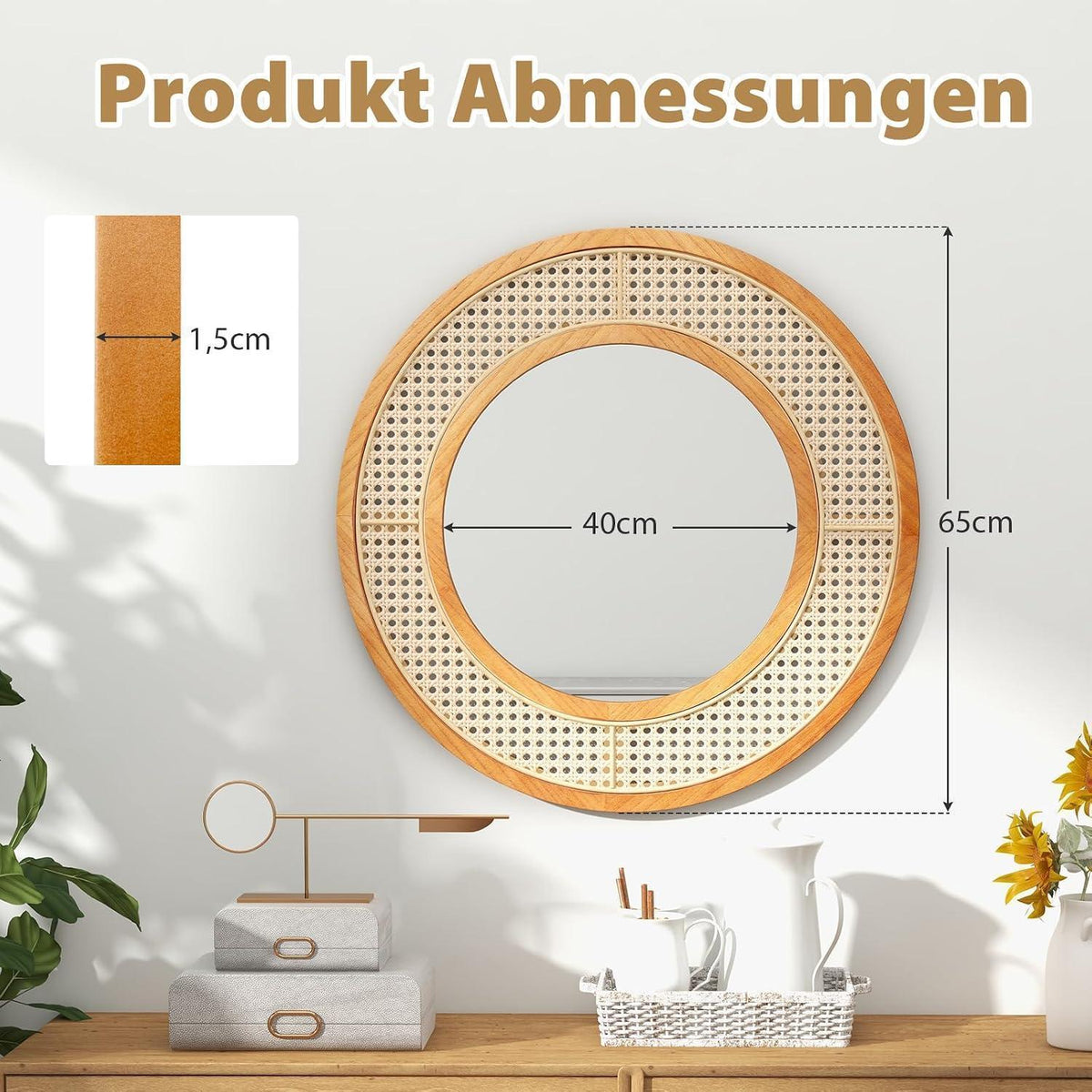 Rattan Wandspiegel Boho Deko Spiegel 40x40cm Badezimmer Spiegel