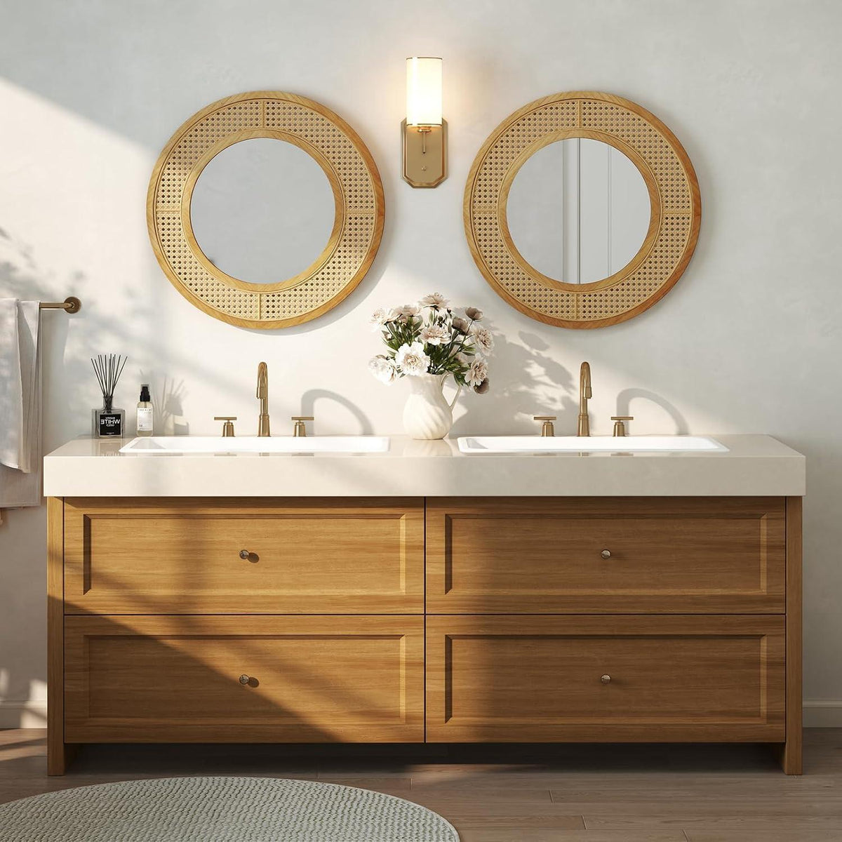 Rattan Wandspiegel Boho Deko Spiegel 40x40cm Badezimmer Spiegel