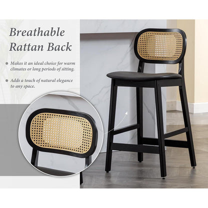 Barhocker Set 2er – Holz mit Rattan Rücklehne in Lederoptik