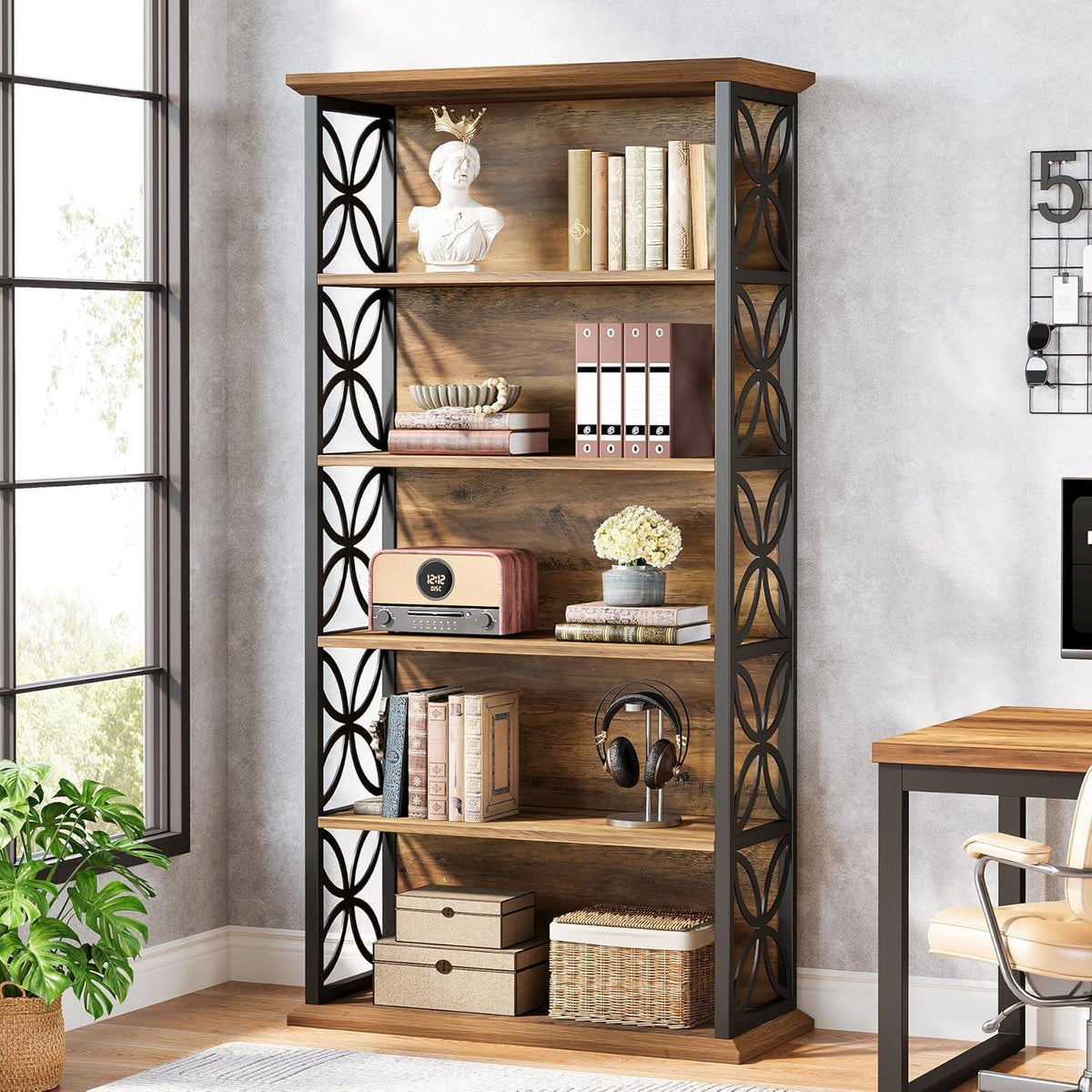 Bücherregal 6-Ebenen, Industriell, 180cm, Braun