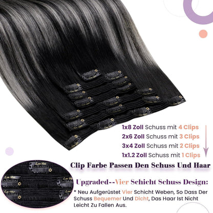Echthaar Clip-in Extensions Schwarz Silber Ombre 40cm