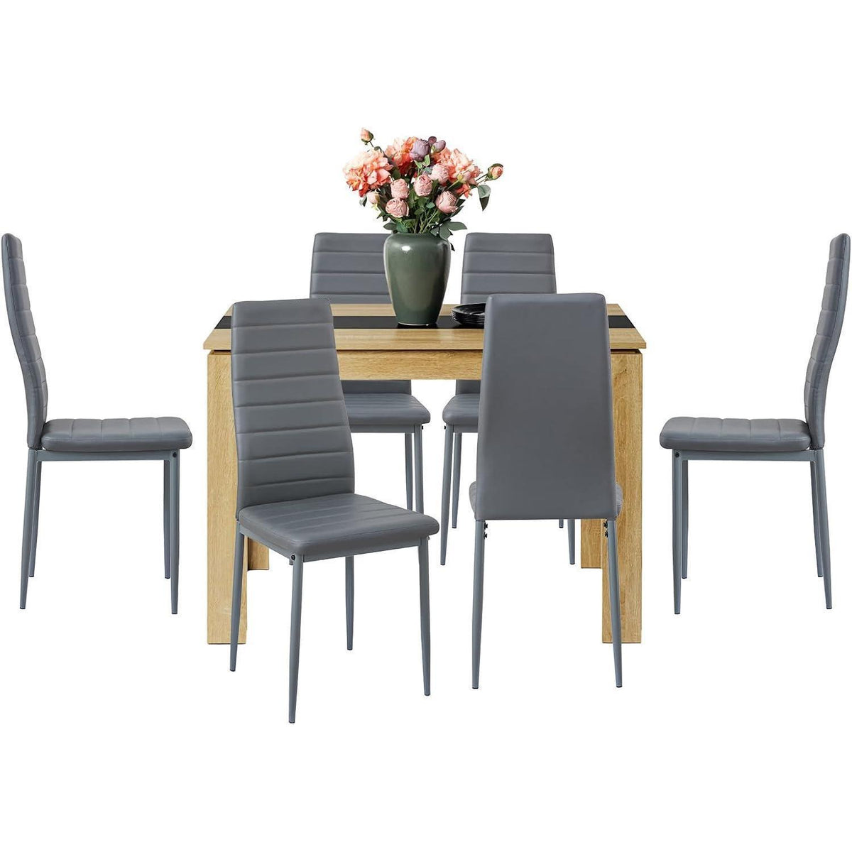 Esszimmergruppe 6 Personen – Holztisch & Dunkelgraue Stühle