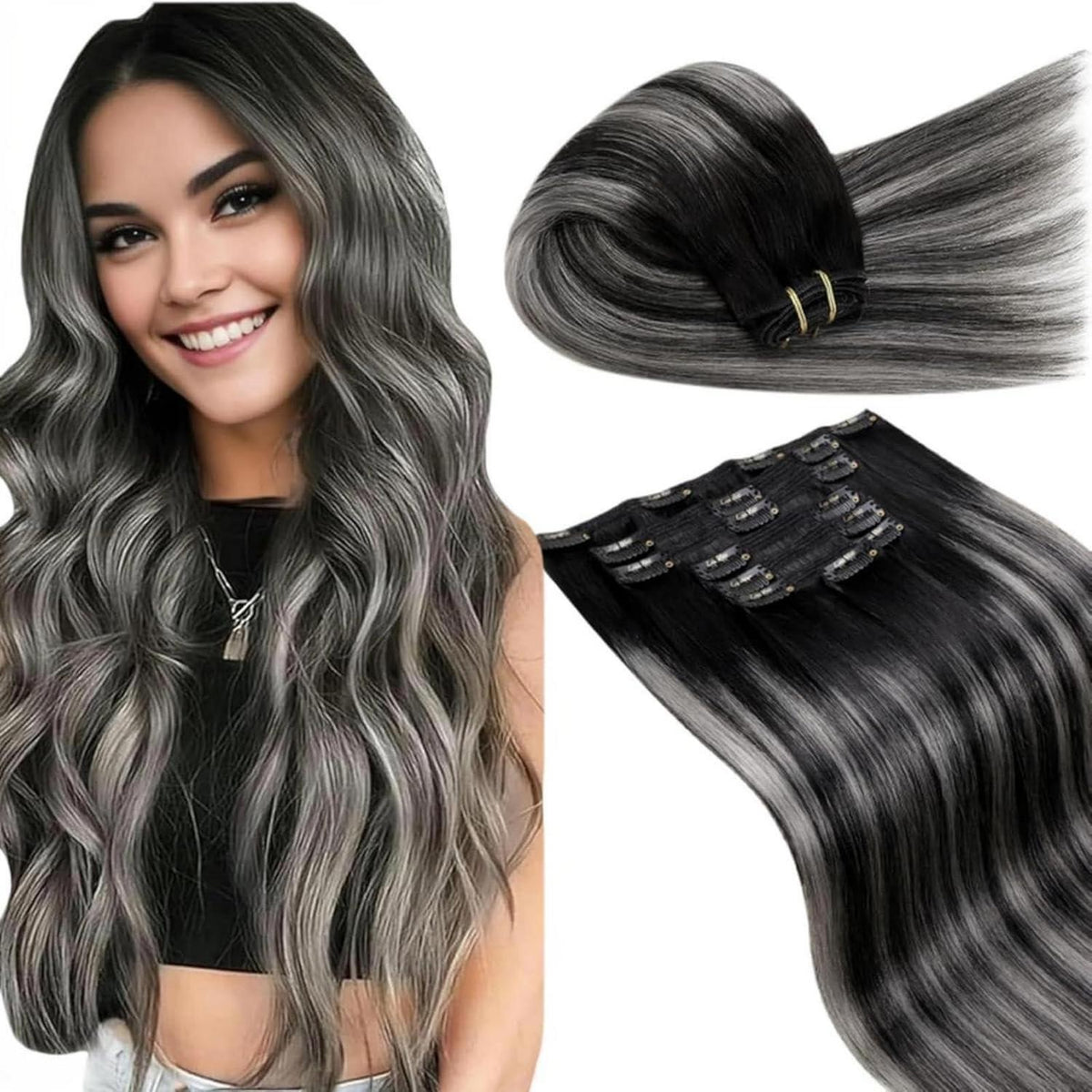Echthaar Clip-In Extensions Schwarz Ombre Silber 50cm