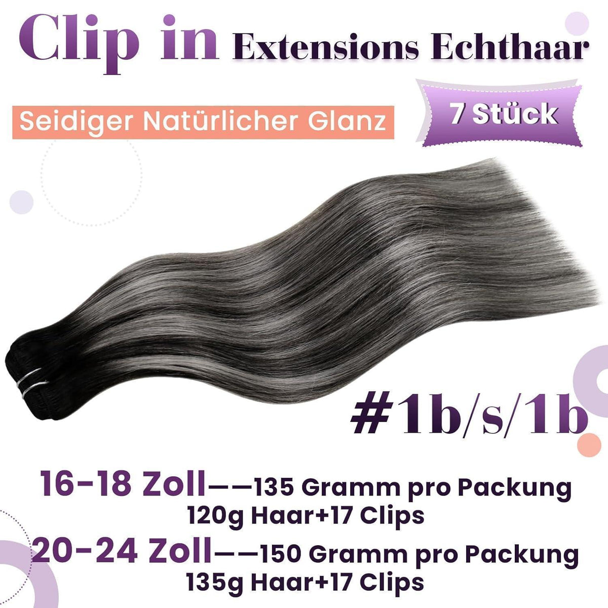 Echthaar Clip-In Extensions Schwarz Ombre Silber 50cm