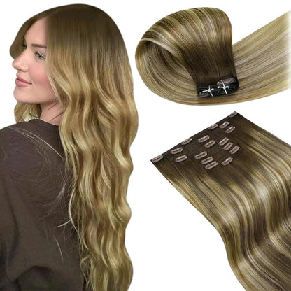Clip in Echthaar Extensions Braun Ombre Balayage 50cm