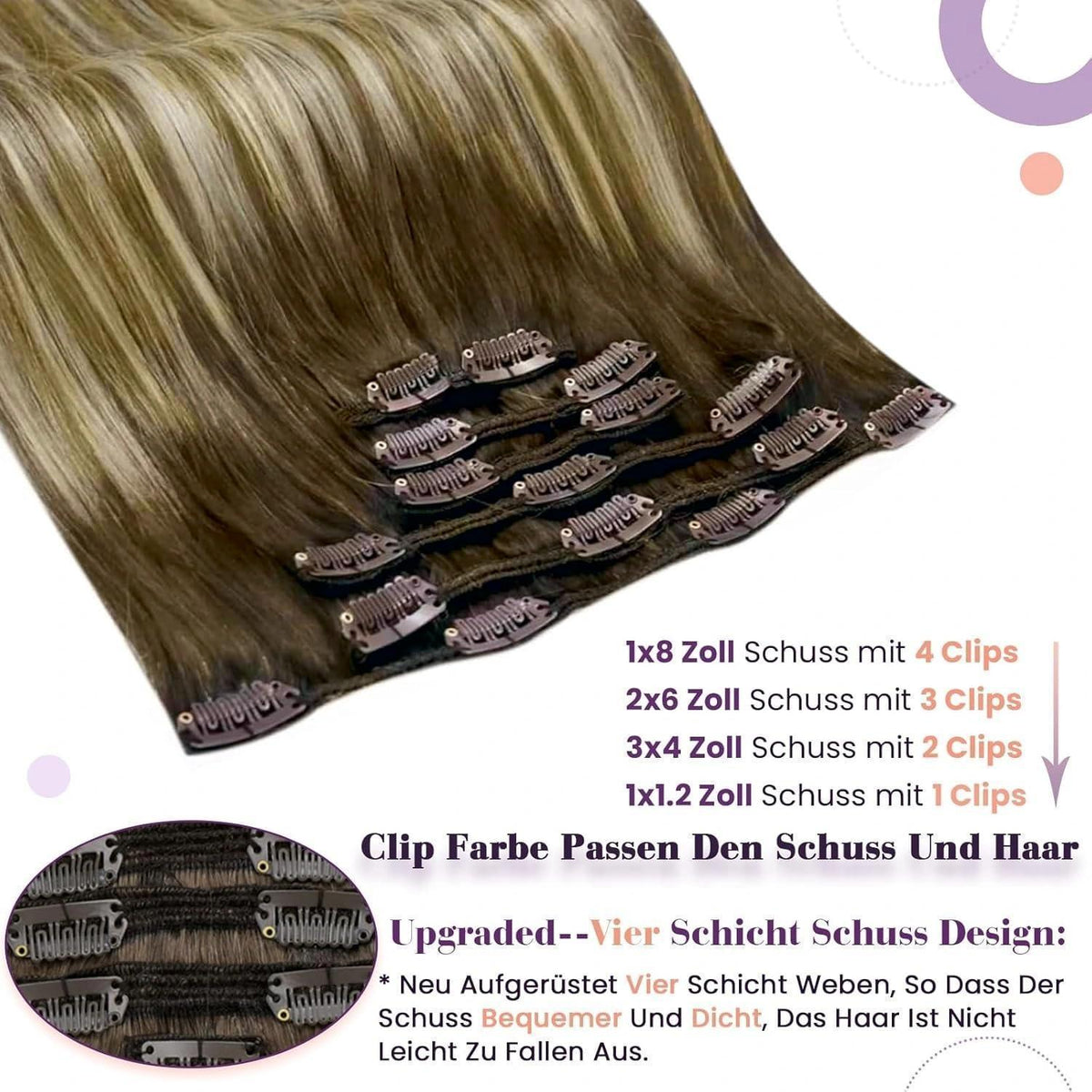Clip in Echthaar Extensions Braun Ombre Balayage 50cm
