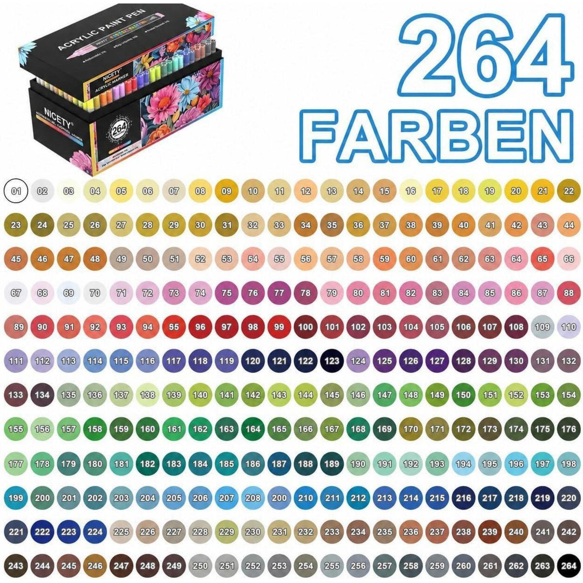 Acrylstifte Set 264 Farben – Pinselspitze für Steine, Holz & mehr