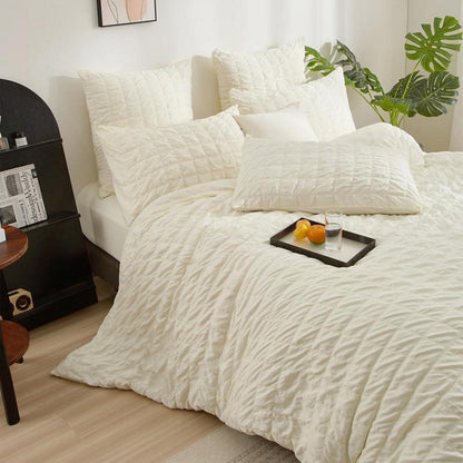 Seersucker Bettwäsche Set 135x200cm Beige Kariert – Atmungsaktiv & Weich