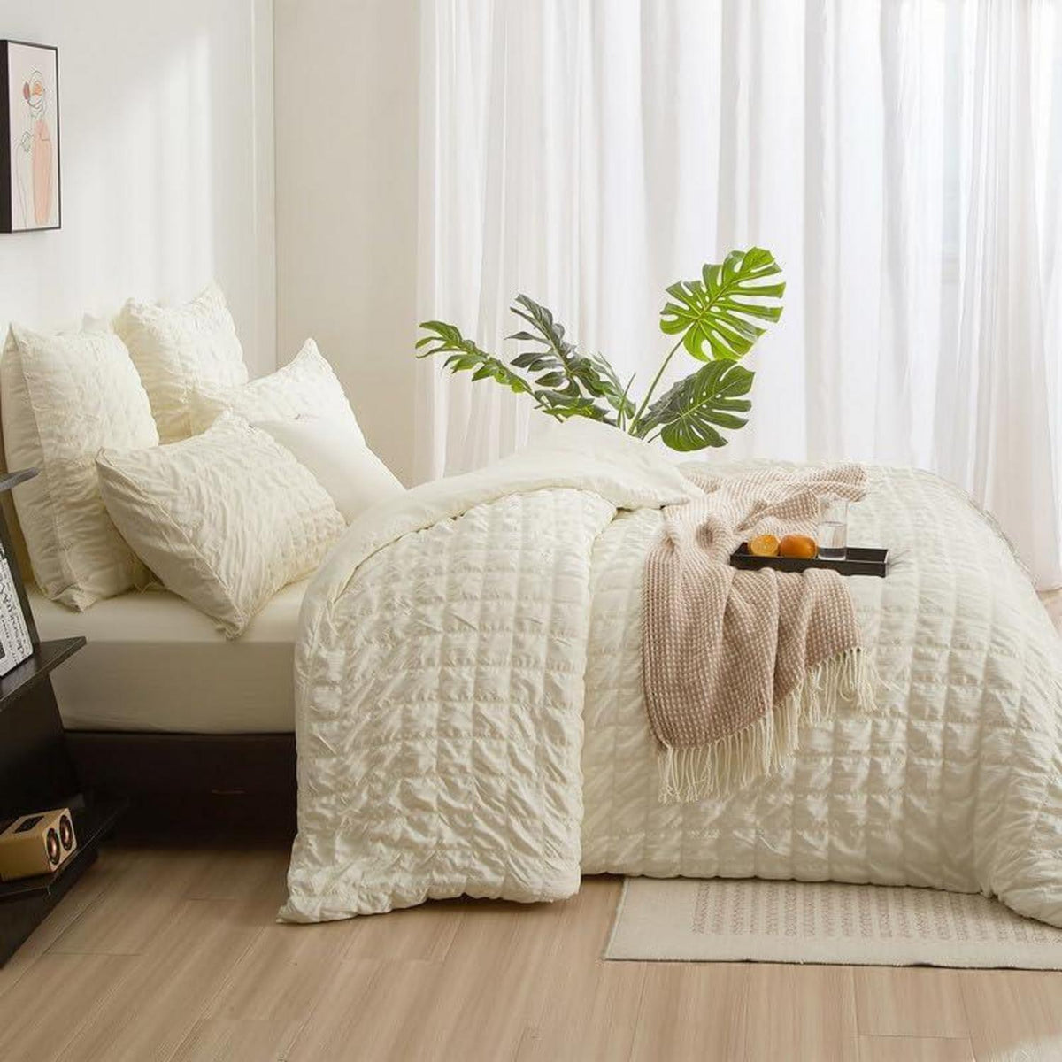 Seersucker Bettwäsche Set 135x200cm Beige Kariert – Atmungsaktiv & Weich