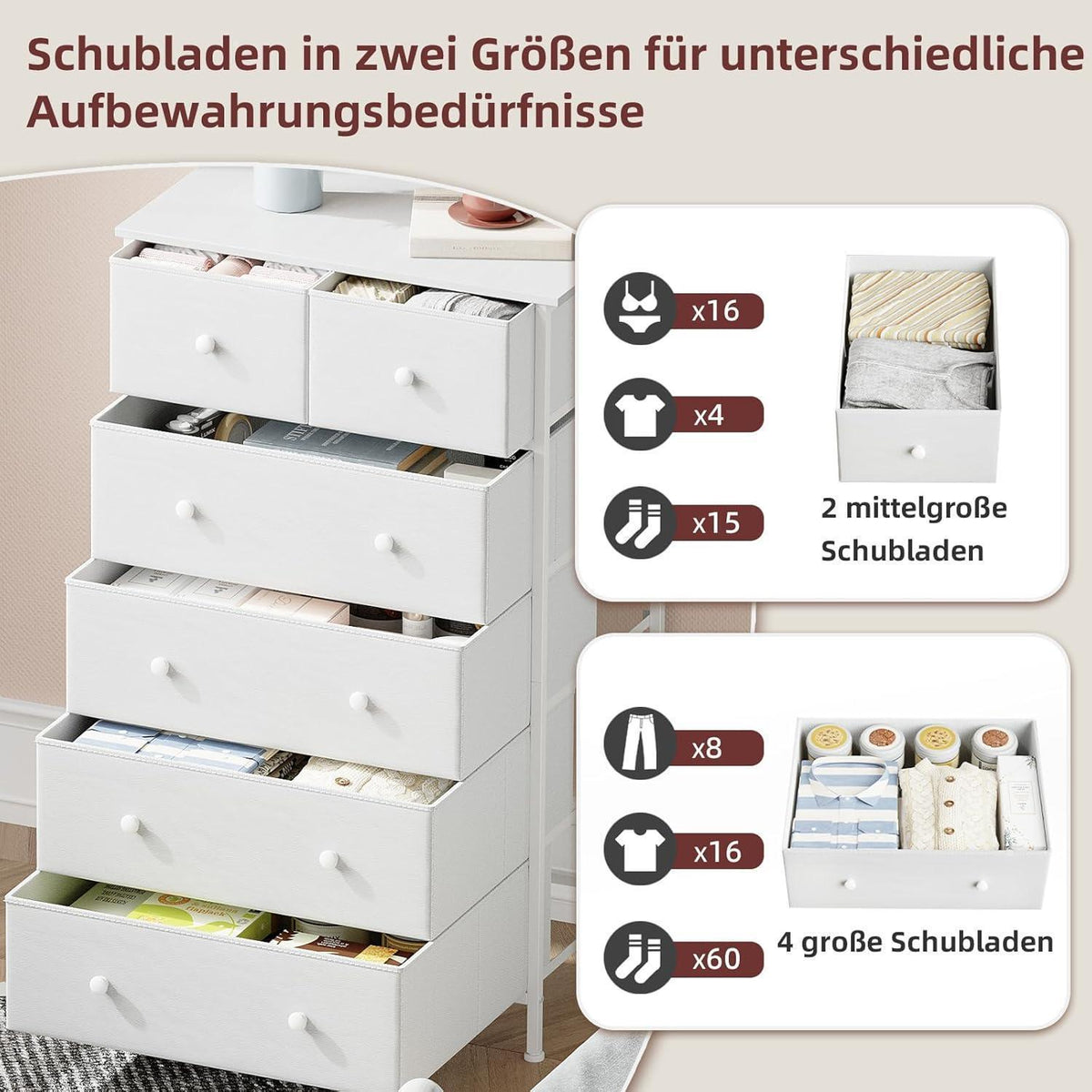 Kommode mit 6 Schubladen, Stoffbezug, Weiß