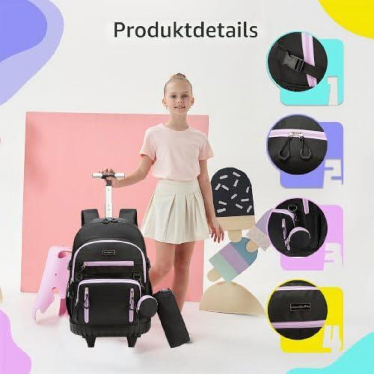 Schultrolley Rucksack Mädchen Lila & Schwarz mit Rollen