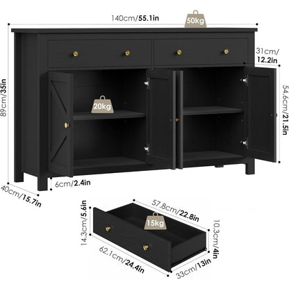 Schwarzes Sideboard 140cm – Küchenbuffet mit Schubladen & Ablagen