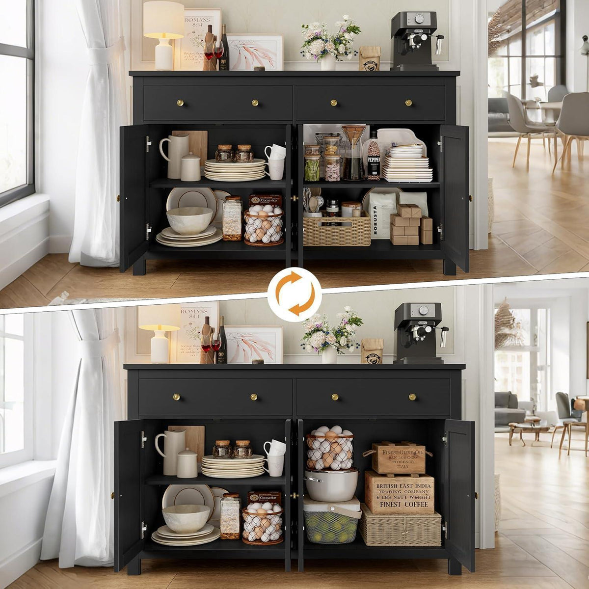 Schwarzes Sideboard 140cm – Küchenbuffet mit Schubladen & Ablagen