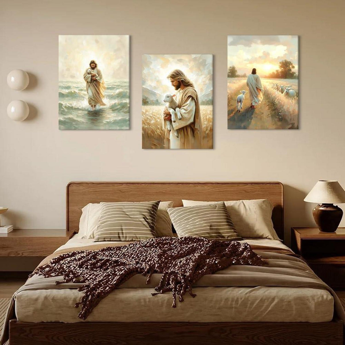 3-teiliges Leinwandbild Jesus mit Lamm - Religiöse Wandkunst 30x40 cm