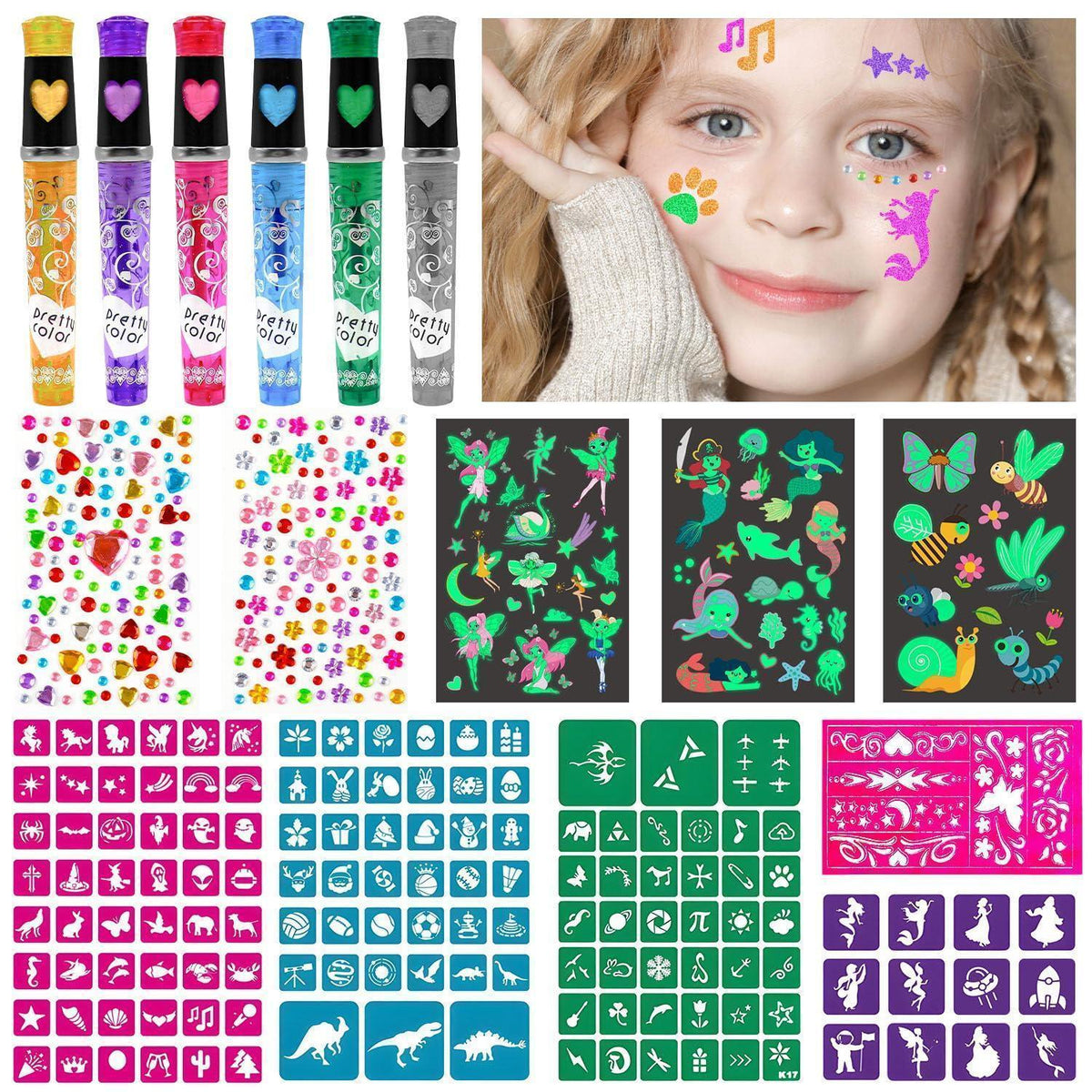 Glitzer Tattoo Set Kinder mit 148 Schablonen & Leucht-Tattoos