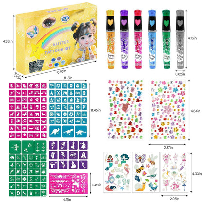 Glitzer Tattoo Set Kinder mit 148 Schablonen & Leucht-Tattoos