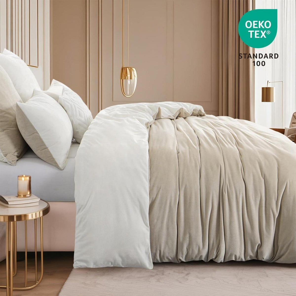 Kuschelige Flanell Bettwäsche 155x220 Beige-Weiß 2teilig