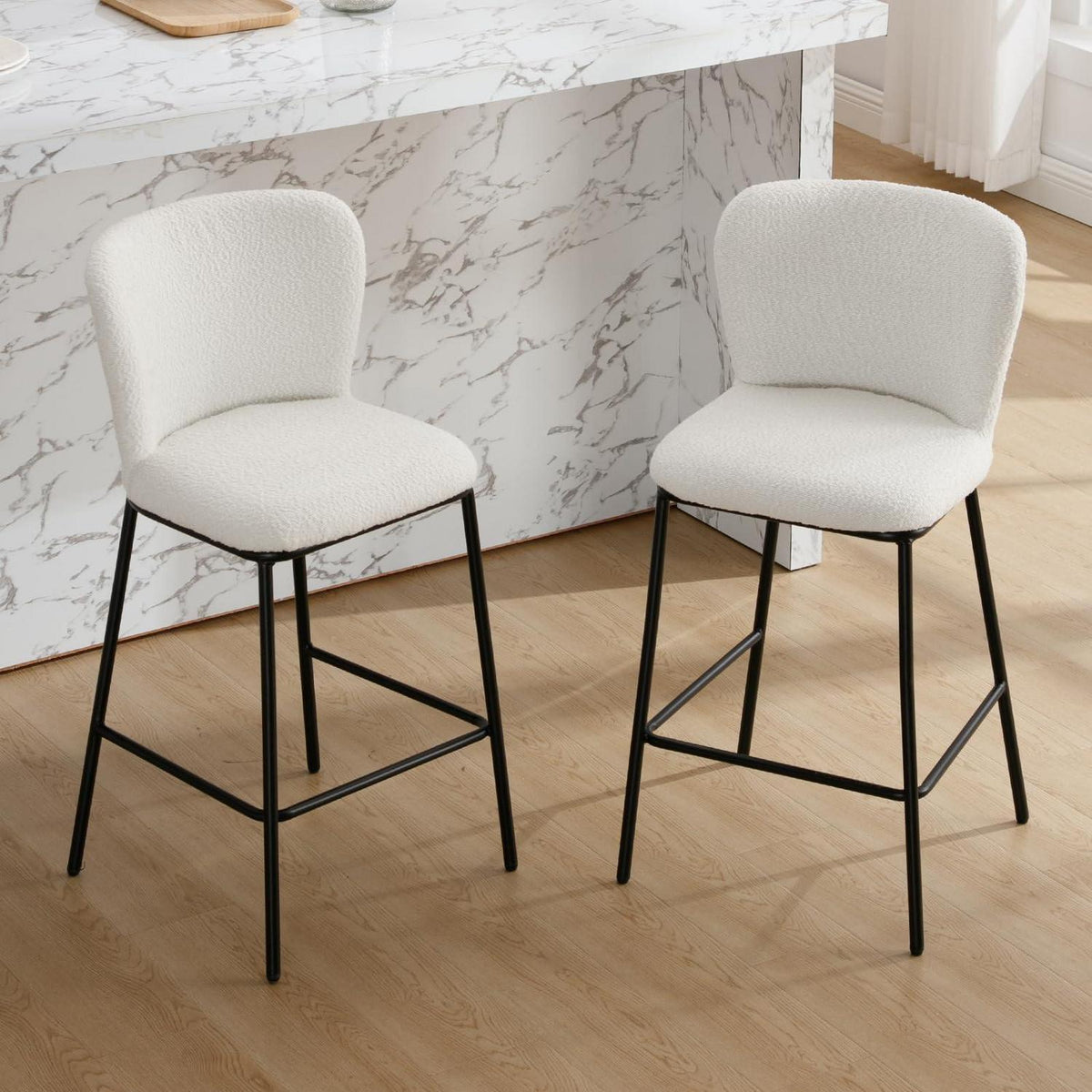 Barhocker Set 2x Teddystoff mit Lehne & Fußstütze Weiß