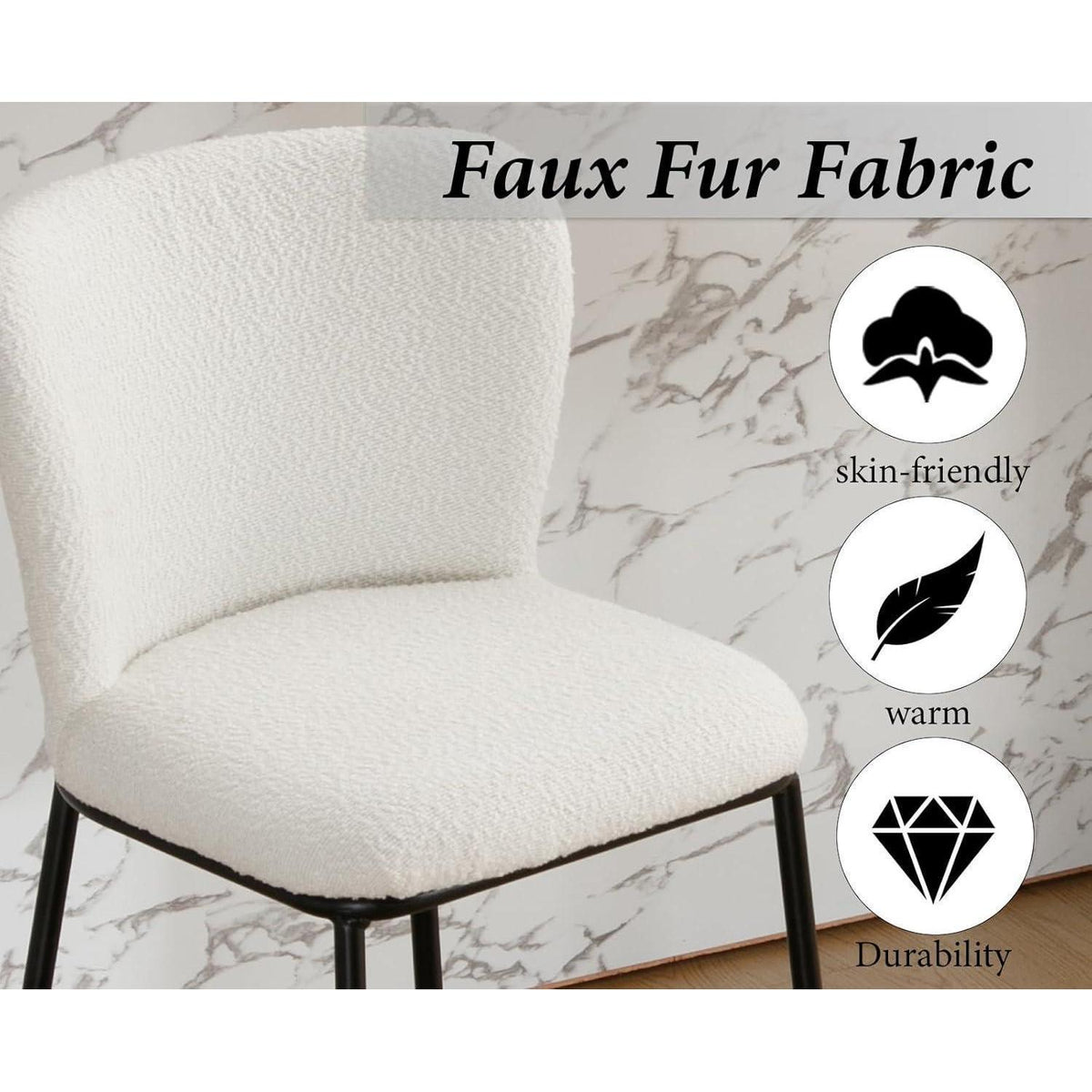 Barhocker Set 2x Teddystoff mit Lehne & Fußstütze Weiß