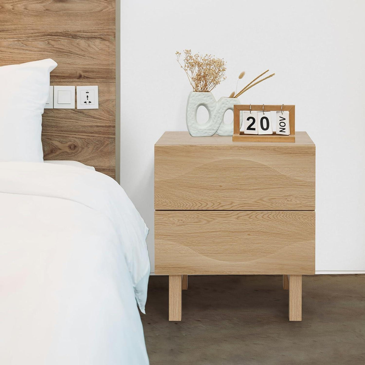 Nachttisch Massivholz mit 2 Wellen-Schubladen, Boho Eichenoptik