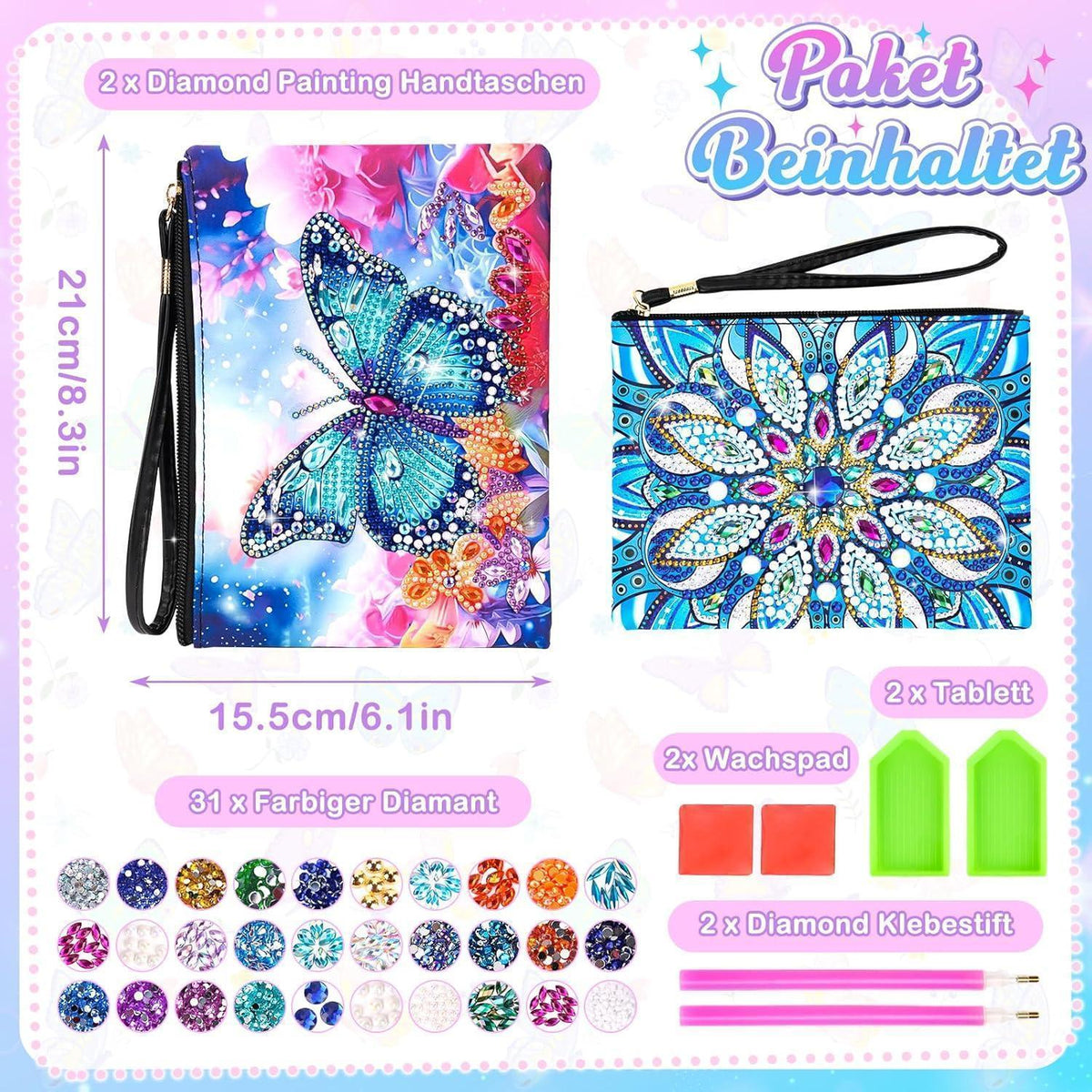 Diamond Painting Kosmetiktasche Set für Mädchen 6-12 Jahre